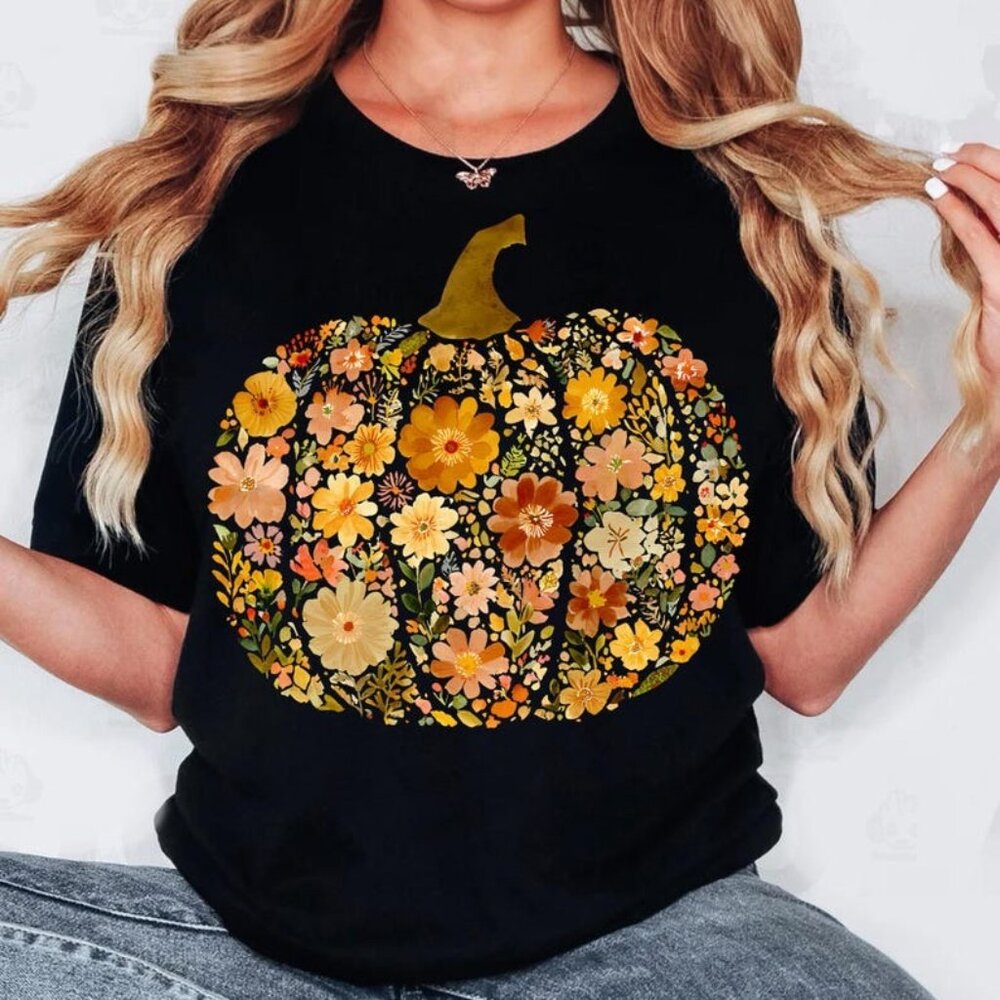 Floral Fall Shirt, Floral Halloween Fall Pumpkin Unisex Tee